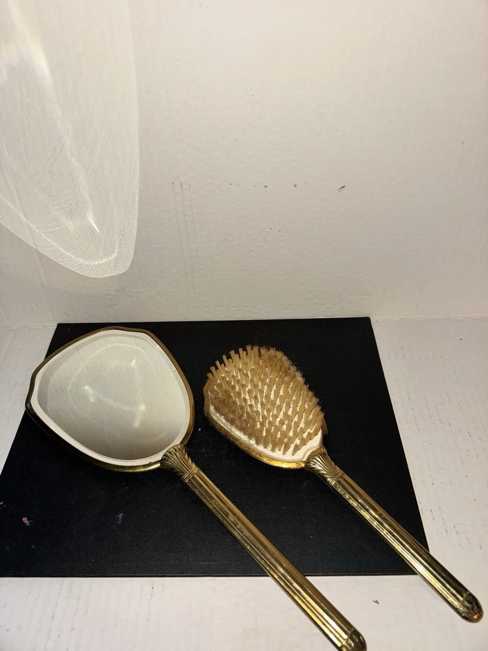 Vintage Peach Vanity Set Hand Mirror Hair Brush Floral Heart Gold Tone